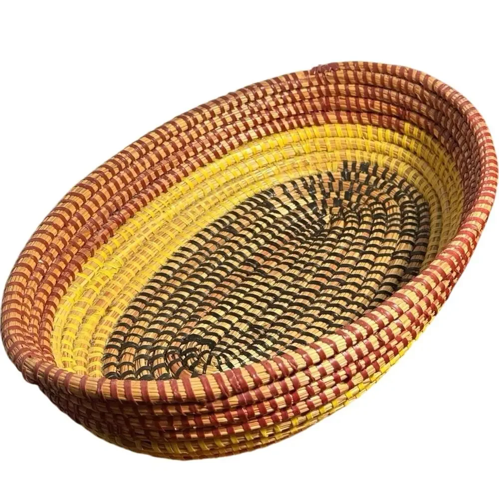 Vintage African Coiled Sweetgrass Basket Hand Woven Oval Boho Bread Bowl Tray